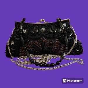 Black Beaded Antique Style Art Deco Kiss Closure Evening Bag NWOT